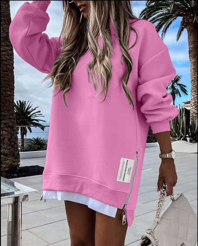 Oversized Zippered Side Slit Ribbed Sweatshirt Dress【Buy Two Free Shipping】