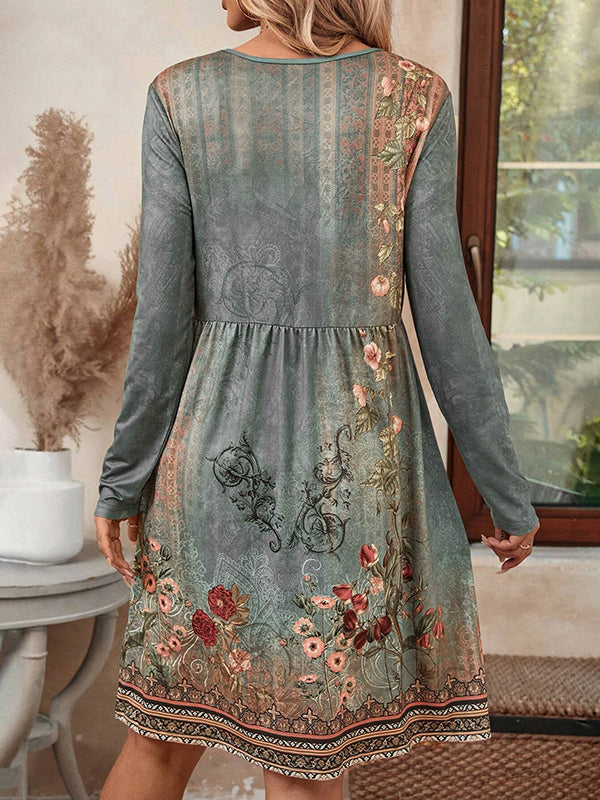 A-line Long Sleeves Flower Print Pleated Split-Joint Round-neck Mini Dresses