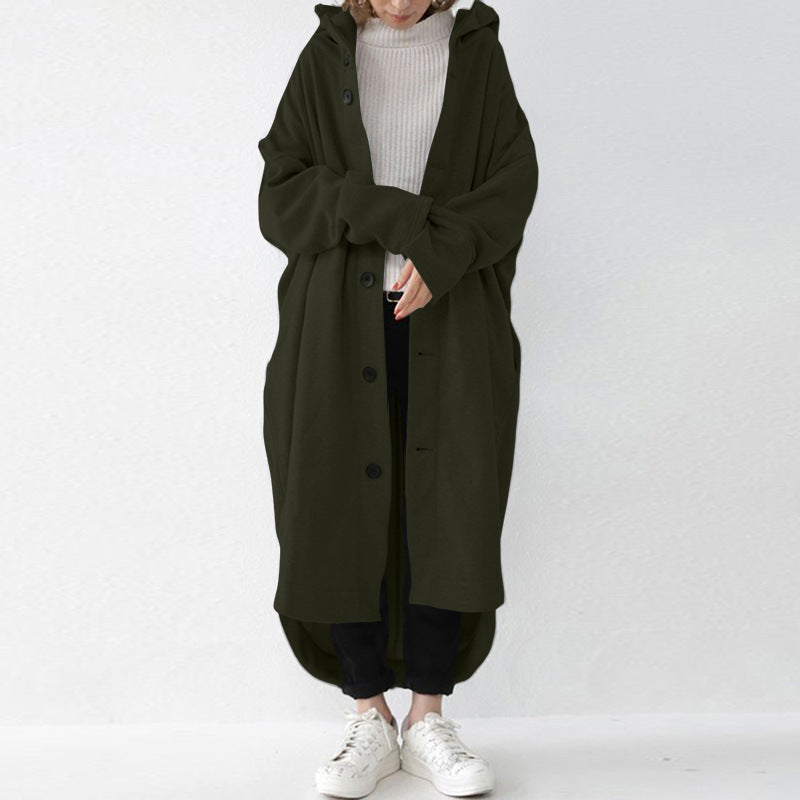 Loose Solid Color Buttoned Hooded Windbreaker Coat