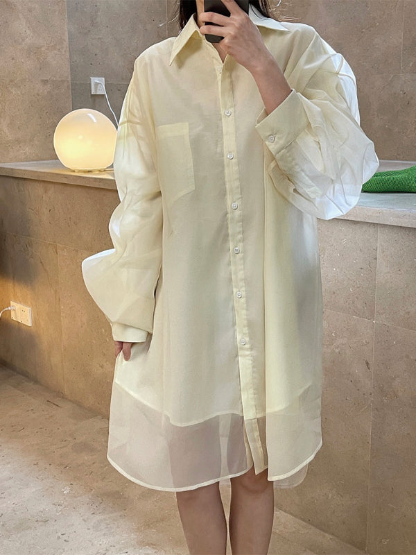 Loose Solid Color Lapel Long Sleeve Shirt