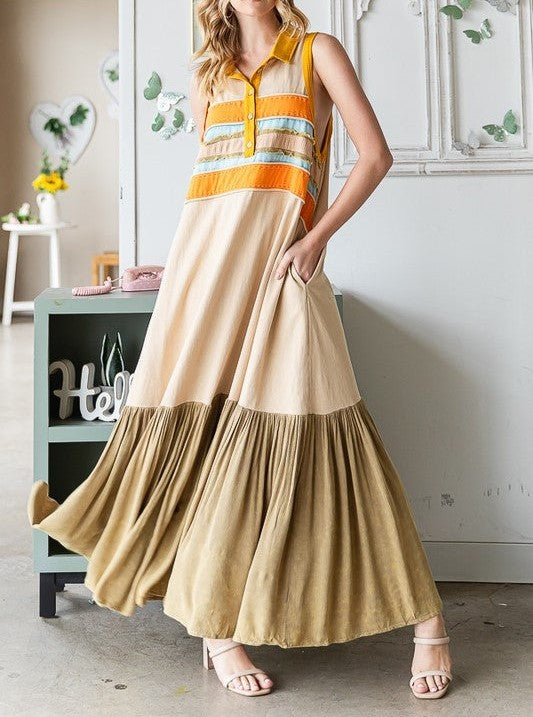 ✨PinkLaura 2025 Washed Contrast Lapel Button Sleeveless Maxi Dress (Buy 2 Free Shipping)