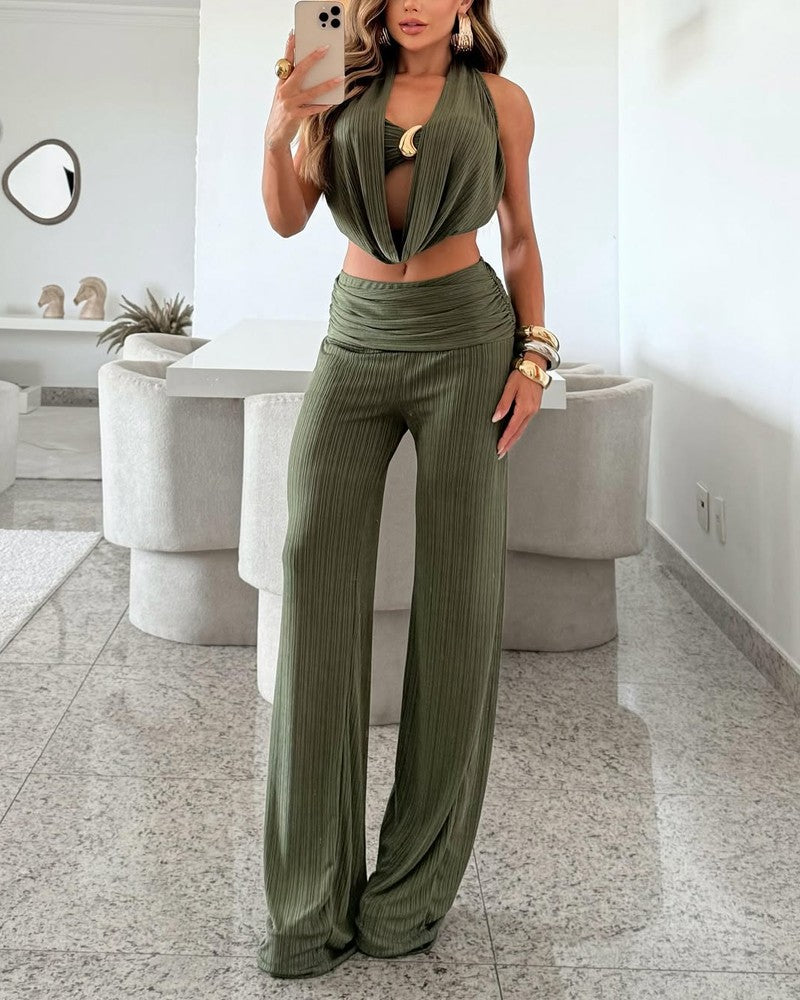 Sexy Halter Metallic Top & Pants Two-Piece Set