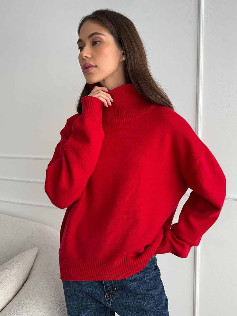 Autumn and Winter solid color simple loose high collar solid color knitted sweater for women