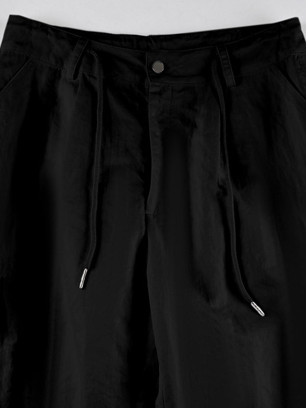Loose Wide Leg Drawstring Pockets Solid Color Pants Trousers