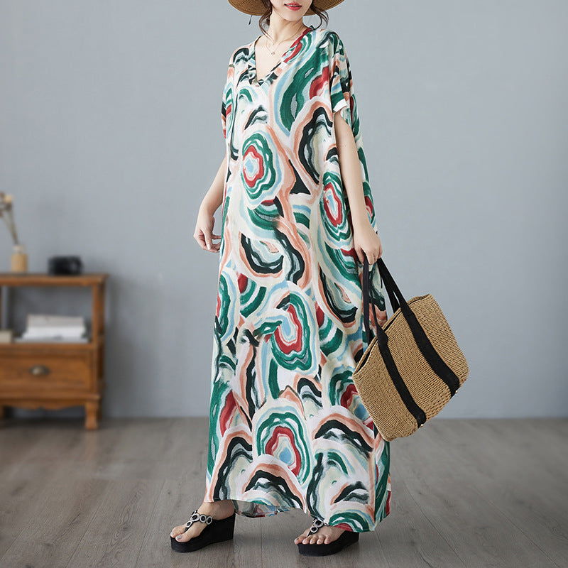 Vintage V-Neck Holiday Style Loose Printed Dress