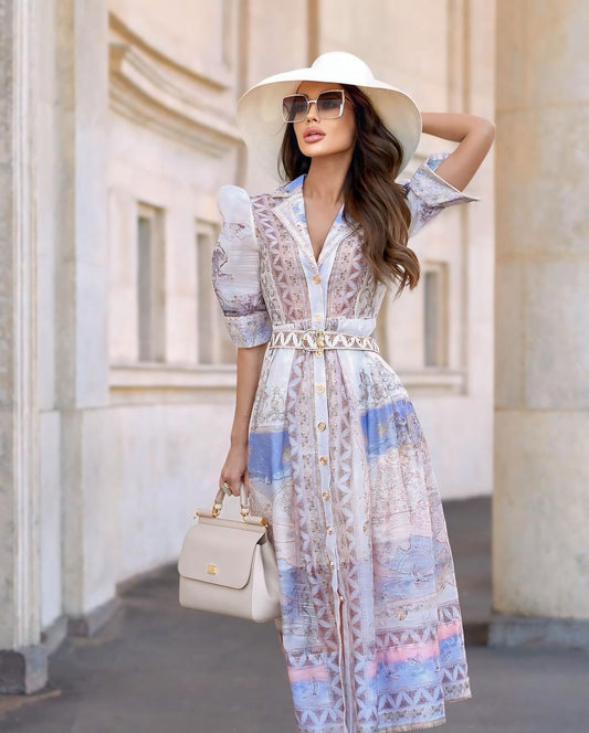 Ladies' boho print split V-neck sexy dress