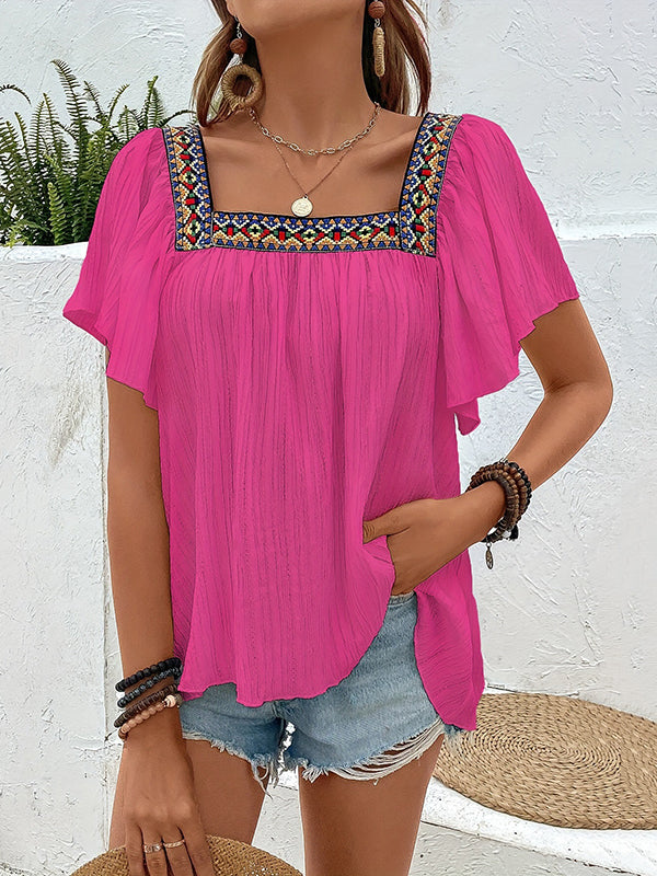 High-Low Loose Embroidered Pleated Square-Neck T-Shirts Tops