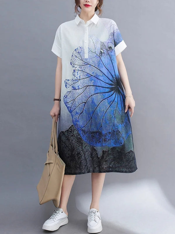 Literary Vintage Printing Button-Down Lapel Short-Sleeved Shirt Midi Dress