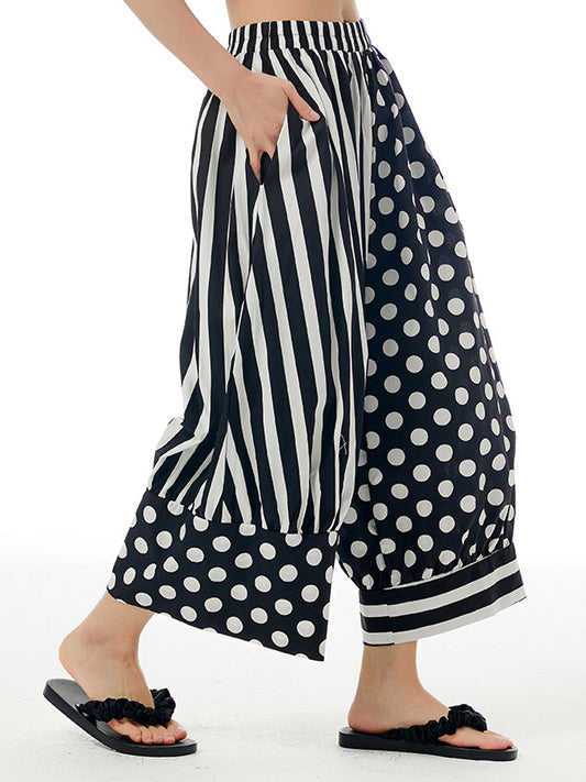 Loose Wide Leg Contrast Color Elasticity Polka-Dot Split-Joint Striped Cropped Trousers Pants
