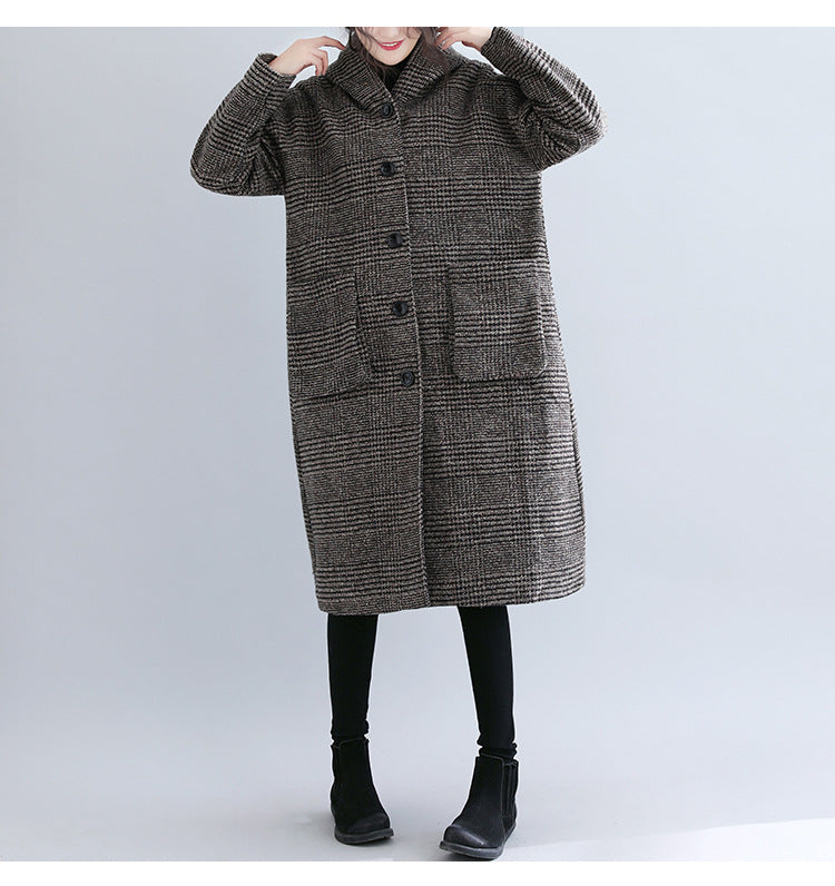 Classic Houndstooth Hooded Long Sleeve Coat