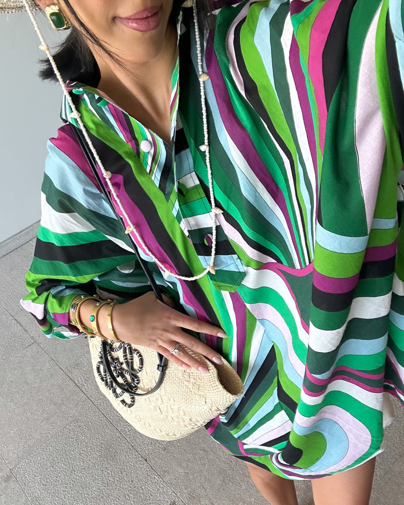 Fashion Holiday Lapel Printed Shirt Dress