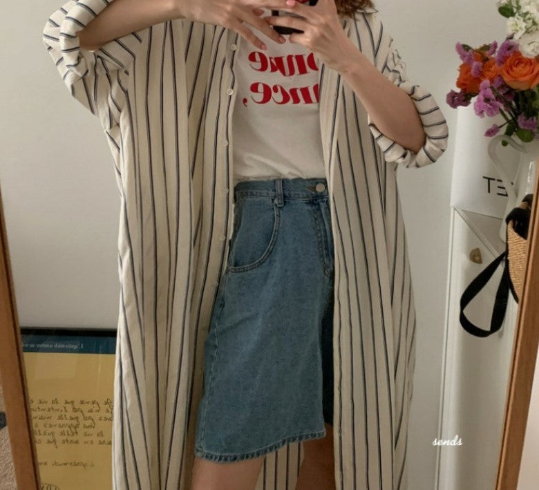 Chic Striped Mid-sleeve Maxi Dress