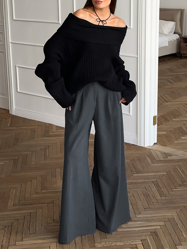 High Waisted Loose Pleated Pockets Solid Color Suit Pants Trousers
