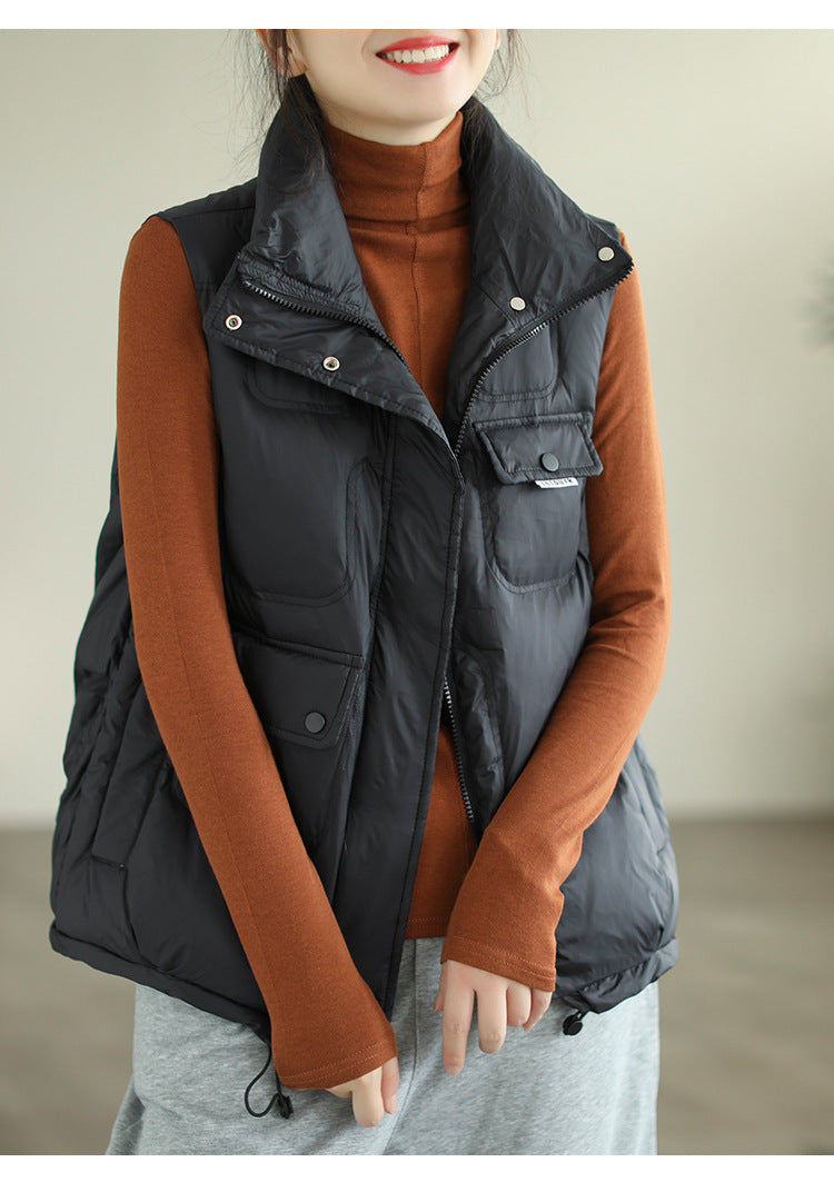Literary Solid Color Stand Collar  Down Vest Coat