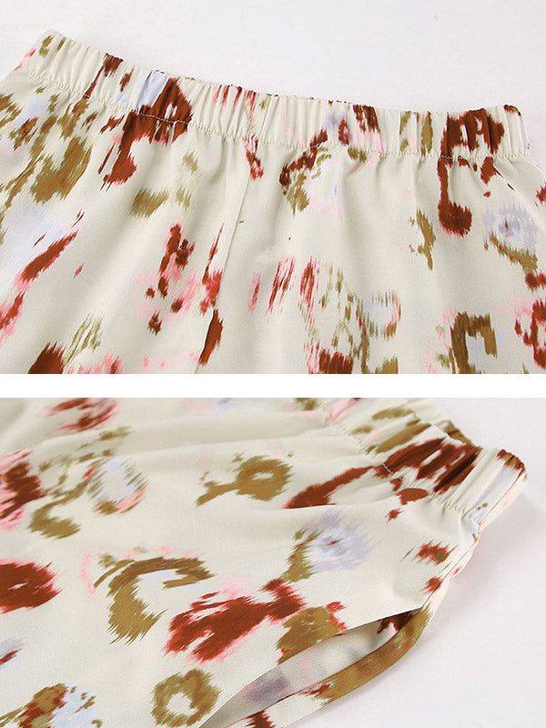 Long Sleeves Lace-Up Printed Lapel Blouse + High Waisted Elasticity Pants Two Pieces Set