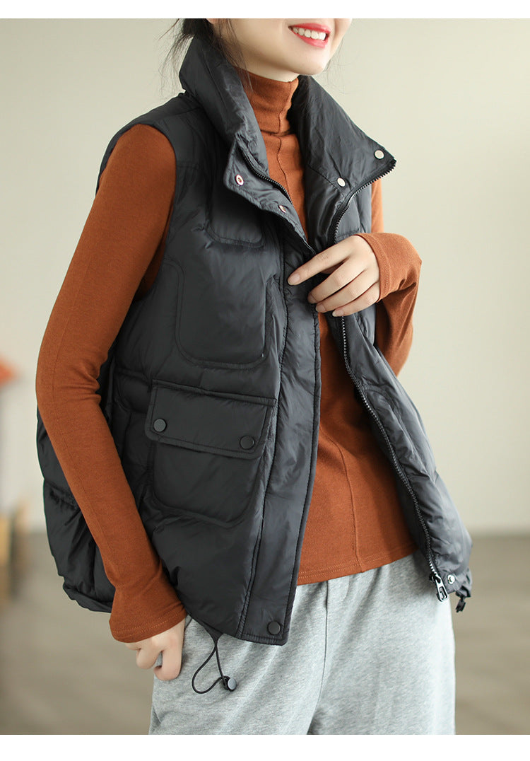 Literary Solid Color Stand Collar  Down Vest Coat