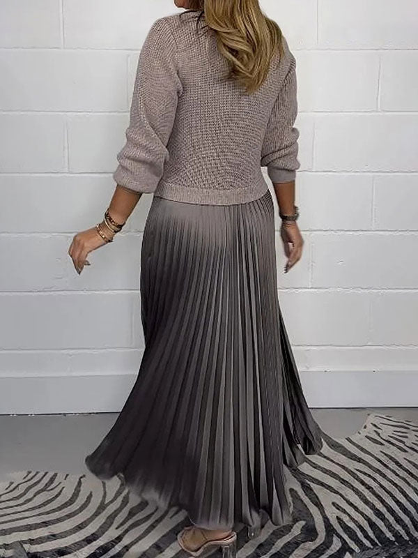 Crew Neck Pleated Long Sleeve Maxi Dress