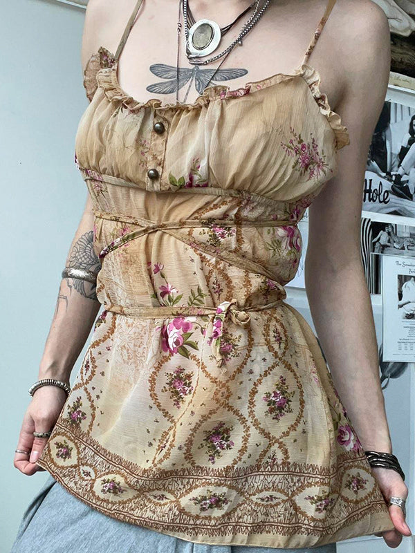 Loose Sleeveless Buttoned Contrast Color Flower Print Tied Spaghetti-Neck Vest Top