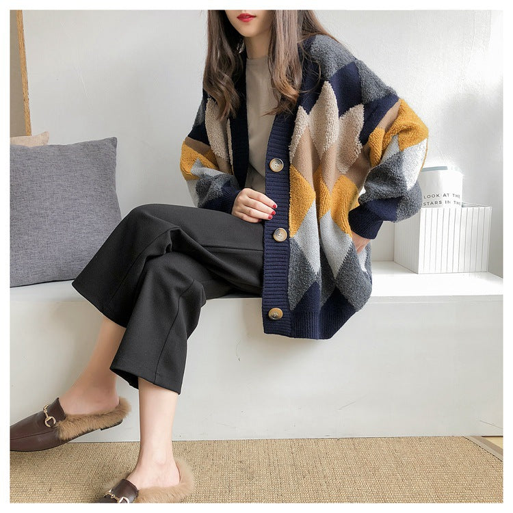 Literary Rhombus Plaid Sweater Outerwear