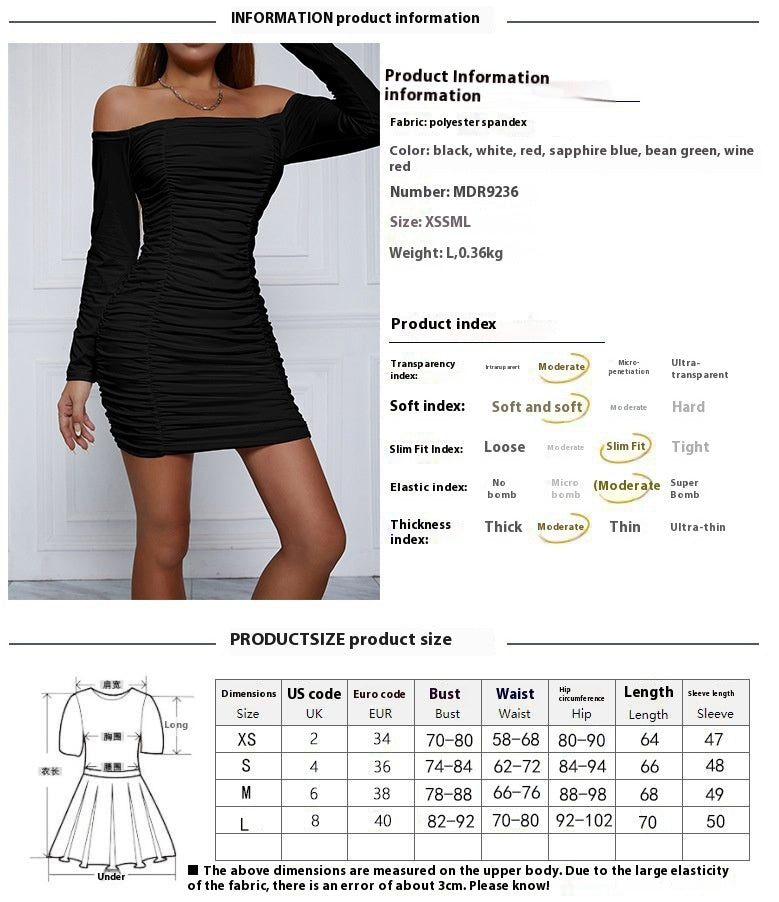 Women's Spring and Autumn off-neck long sleeve pleated hip skirt sexy bandeau dress