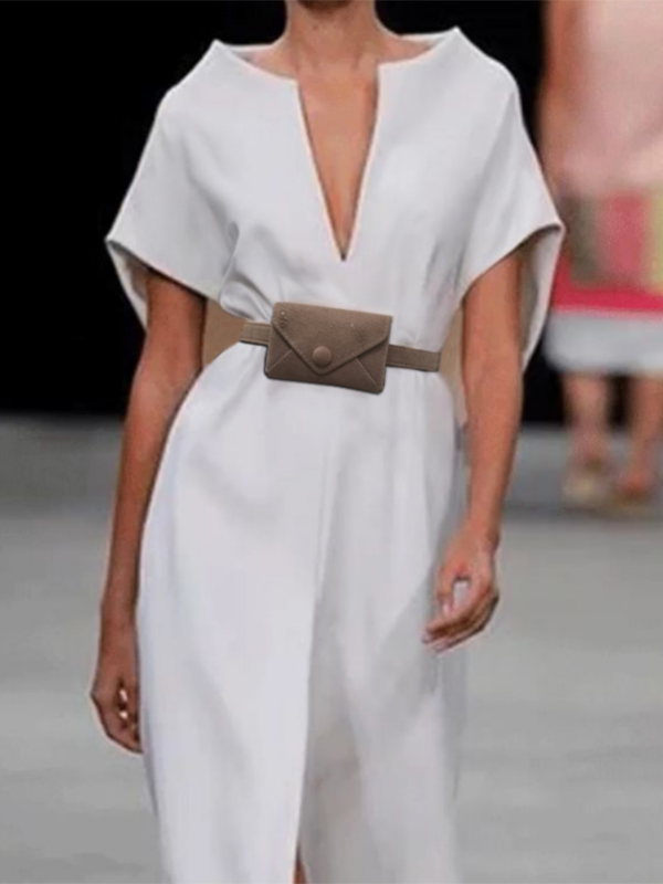 Loose Short Sleeves Belted Solid Color Split-Front Deep V-Neck Midi Dresses