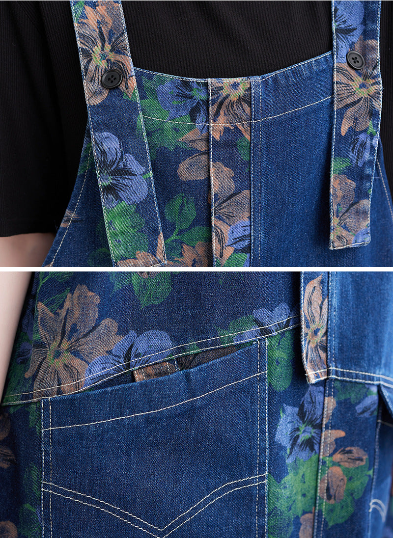 Literary Print Splicing Denim Suspender Midi Dress