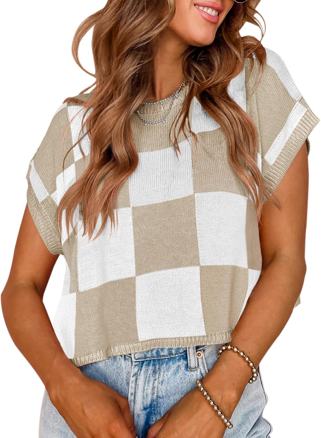 Women's Checkerboard Short Sleeve Color Block Knit Sweater(Buy 2 Free Shipping)