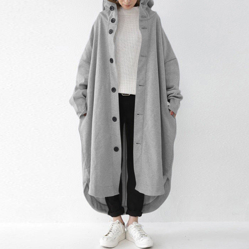 Loose Solid Color Buttoned Hooded Windbreaker Coat