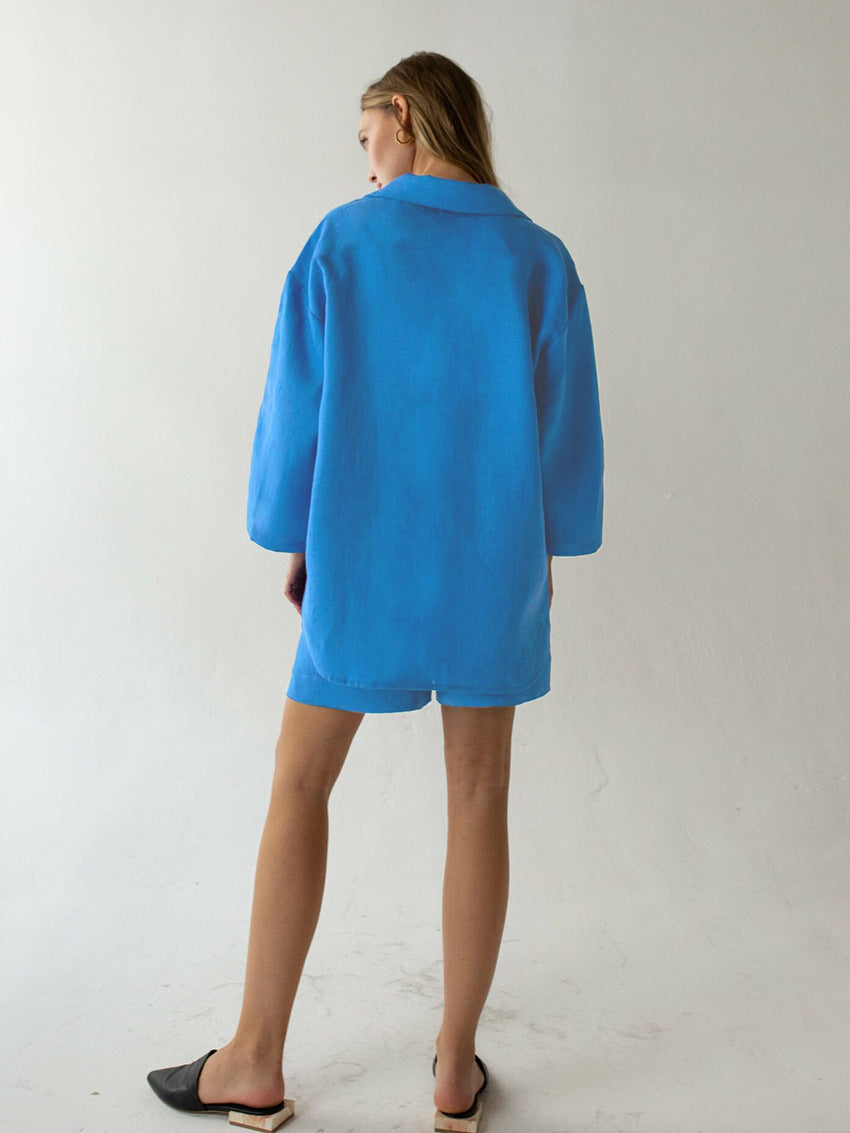 Cotton shorts suit women's lapel loose single-breasted Shirt high waist straight pants two-piece set