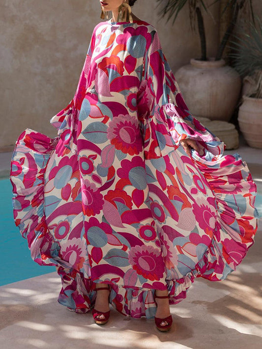 Batwing Sleeves Loose Flower Print Pleated Split-Joint Round-Neck Maxi Dresses