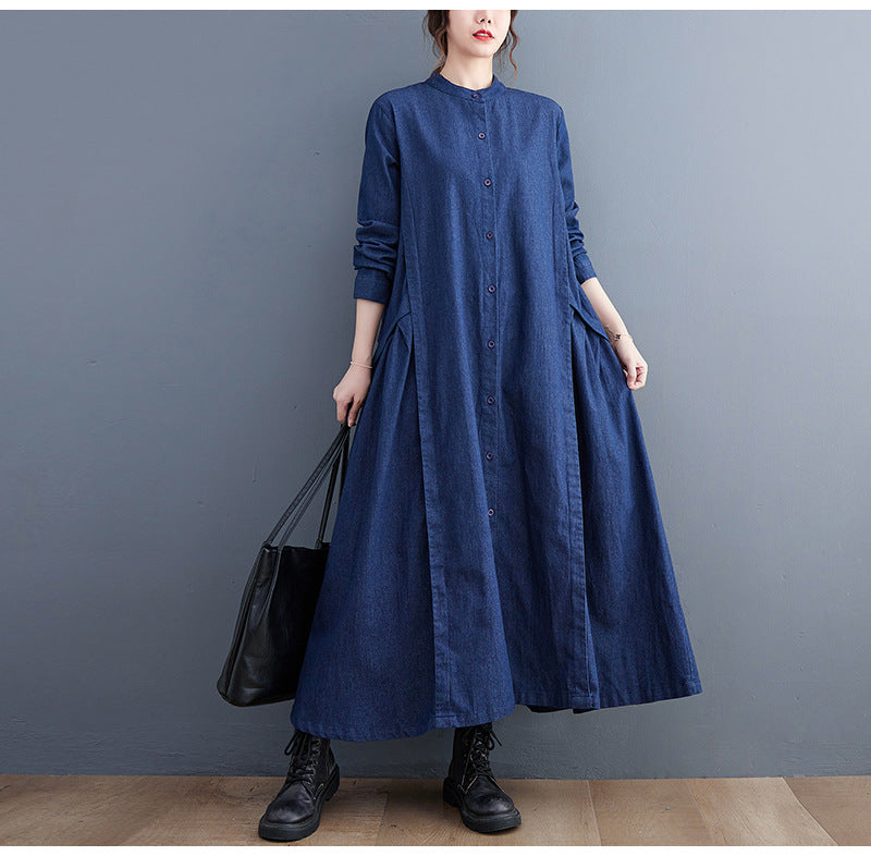 Loose Pleated Stand Collar Denim Midi Dress