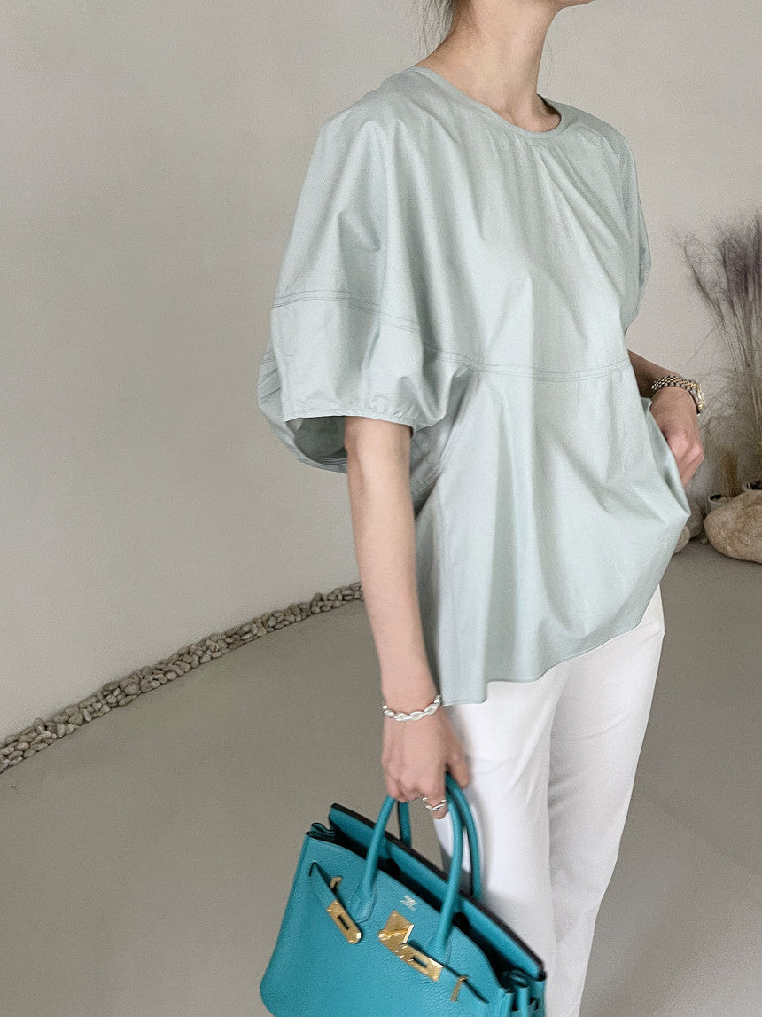 Elegant Round Neck Solid Color Loose Lantern Sleeve Shirt