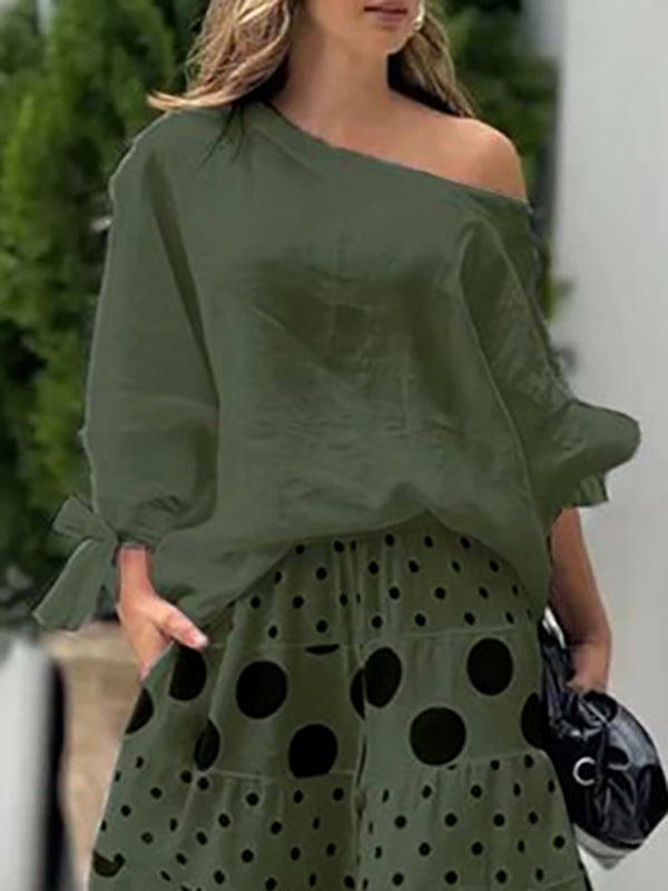 Long Sleeves Loose Asymmetric Solid Color Tied One-Shoulder Blouses&Shirts Tops