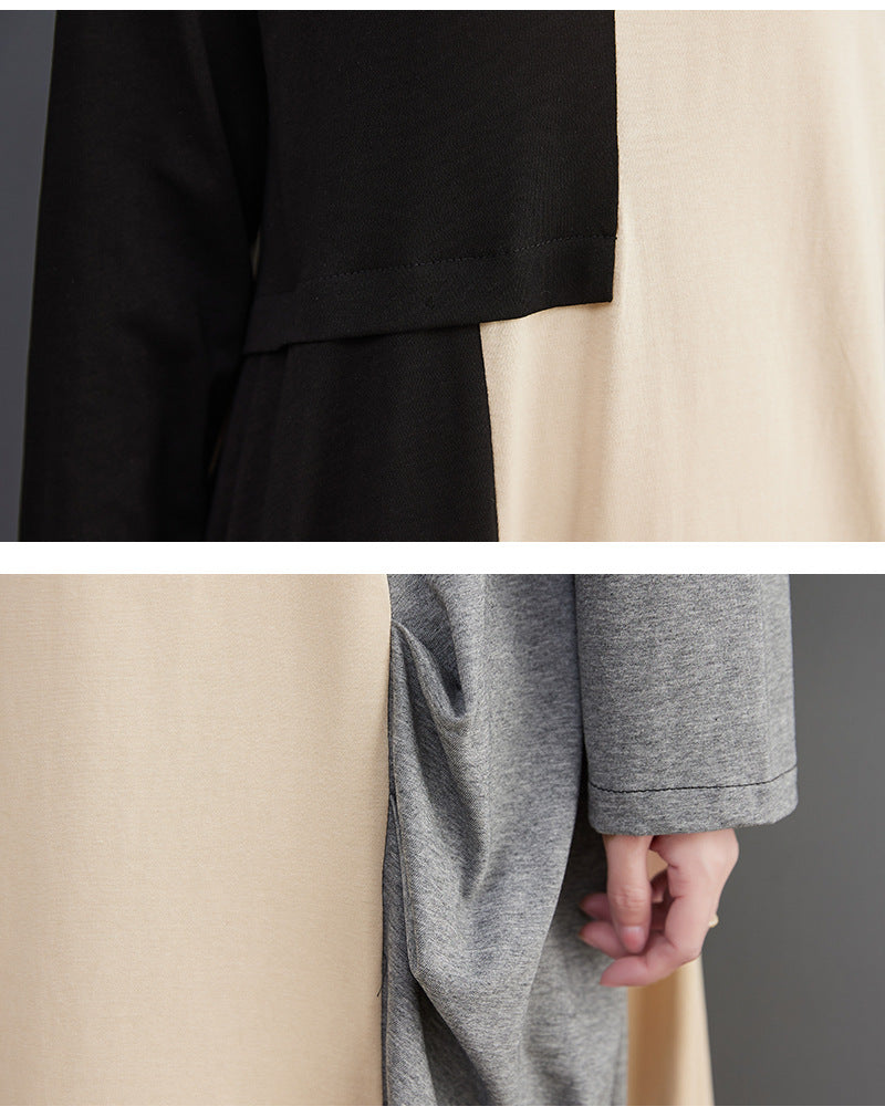 Loose Color Blocking Splicing Round Neck Midi Dress