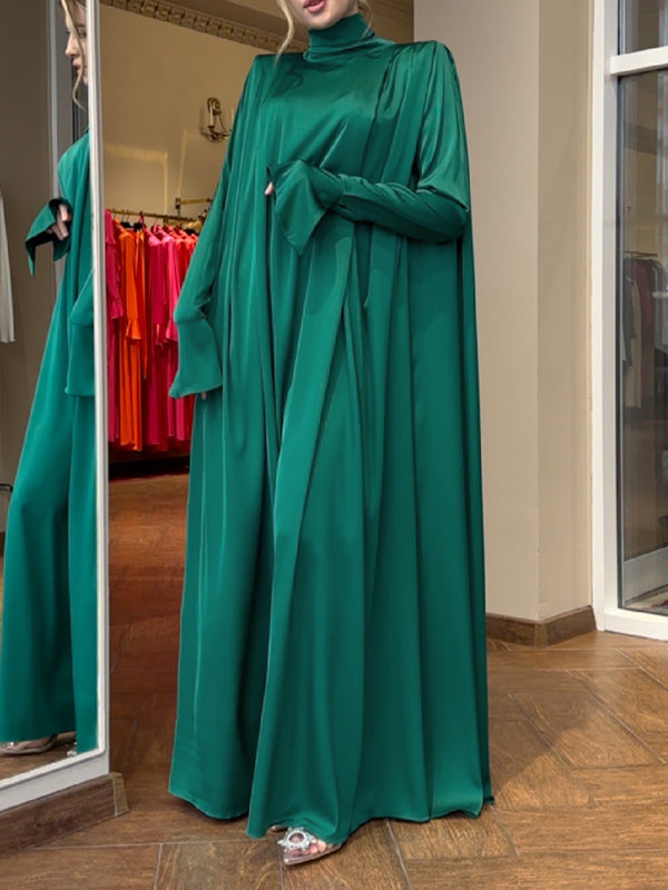 Flared Sleeves Long Sleeves Solid Color High-Neck Maxi Dresses