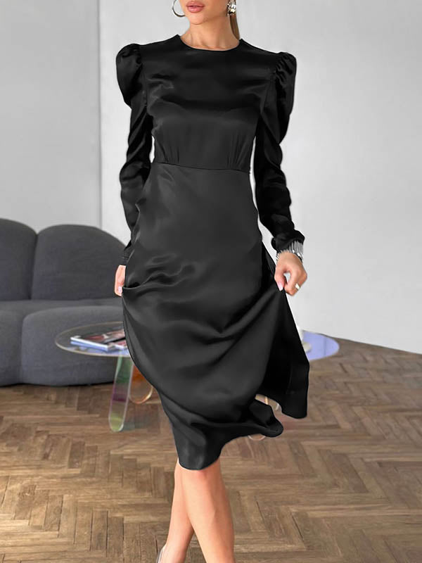 A-Line Long Sleeves Pleated Solid Color Zipper Round-Neck Midi Dresses