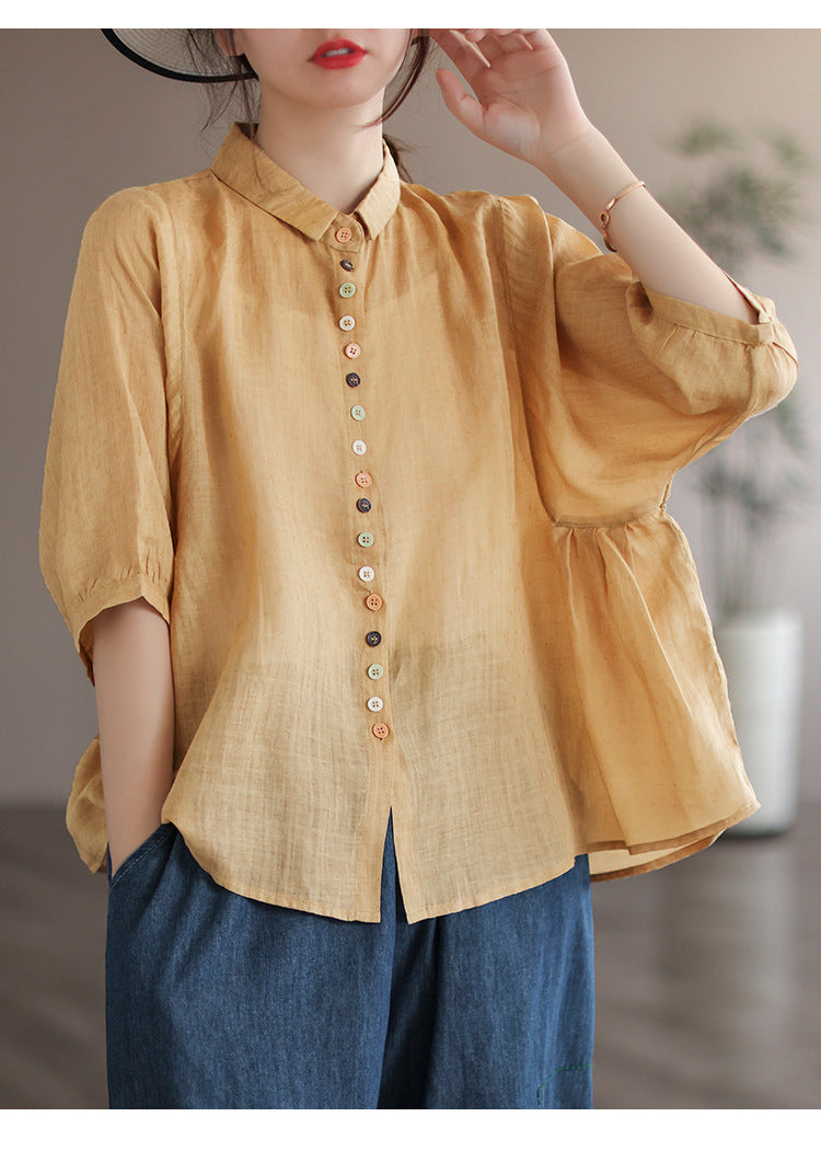 Literary Solid Color Lapel Bat Sleeve Shirt