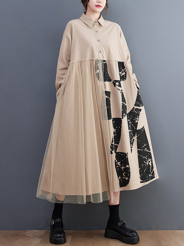 Retro Splicing Mesh Long Sleeve Midi Dress