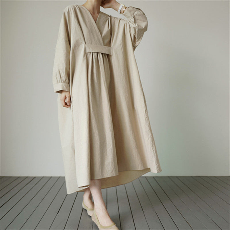 Loose Cross Neck Waist Pleats Long Sleeves Maxi Dress