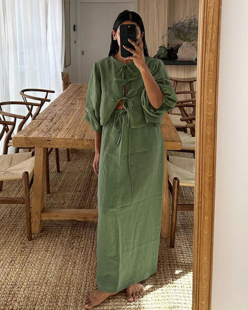 Retro puff sleeve two piece set