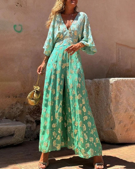 V-neck open back wide-leg jumpsuit