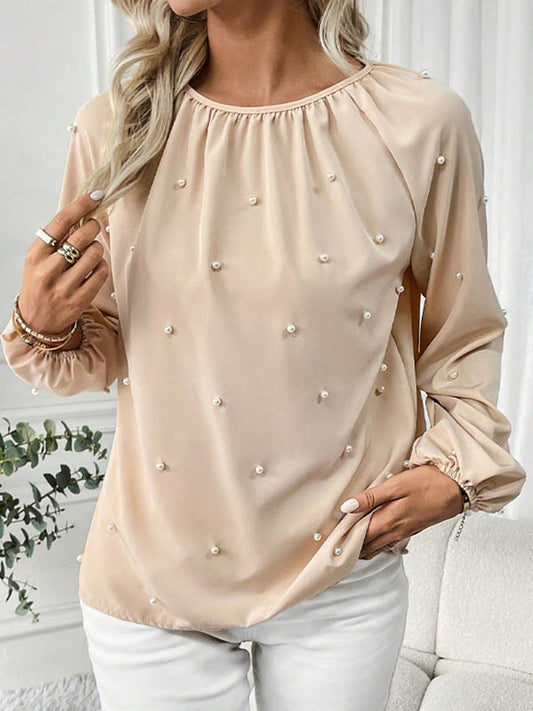 Long Sleeves Loose Beaded Elasticity Pleated Solid Color Round-Neck Blouses&Shirts Tops