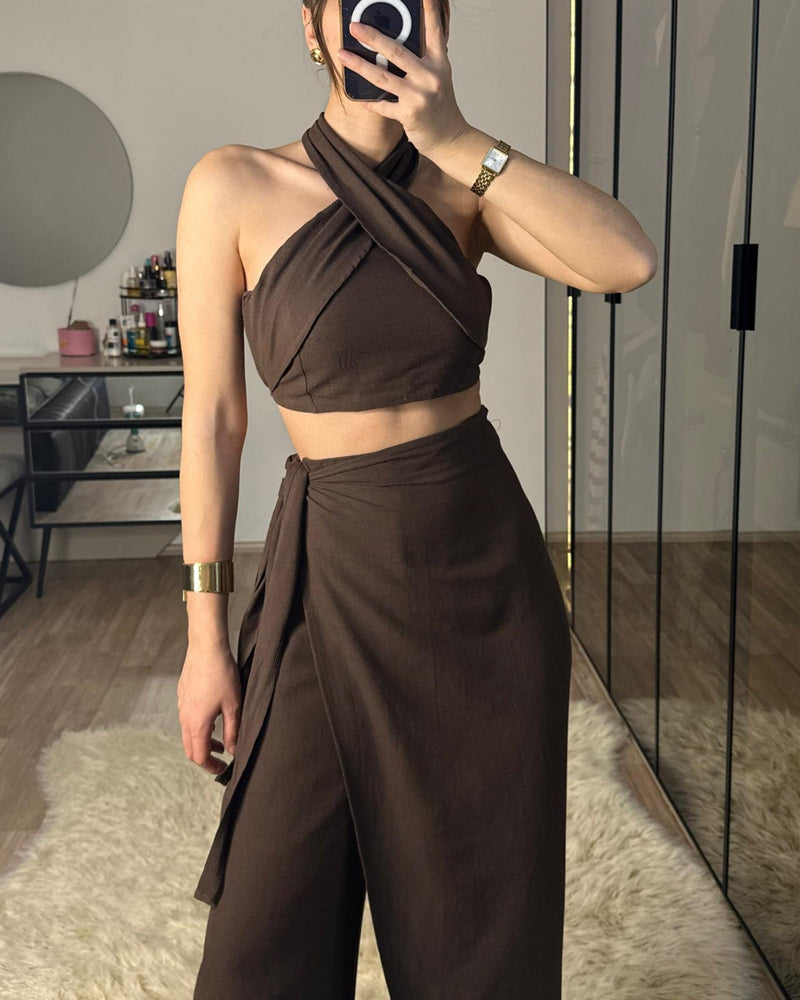 Fashion Lace-Up Top & Lace-Up Pants Two-Piece Set