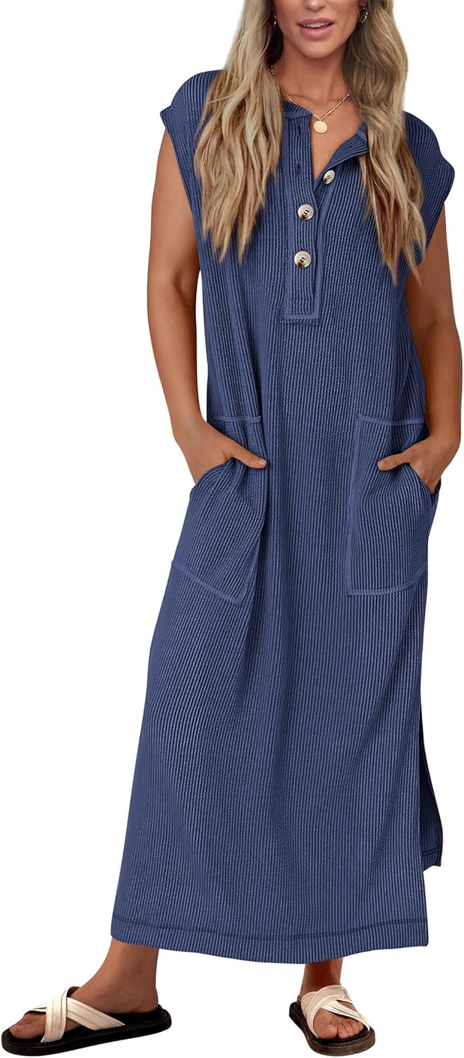 Women's  Ribbed Knit Henley Button Up Maxi Dress (Buy 2 Free Shipping)
