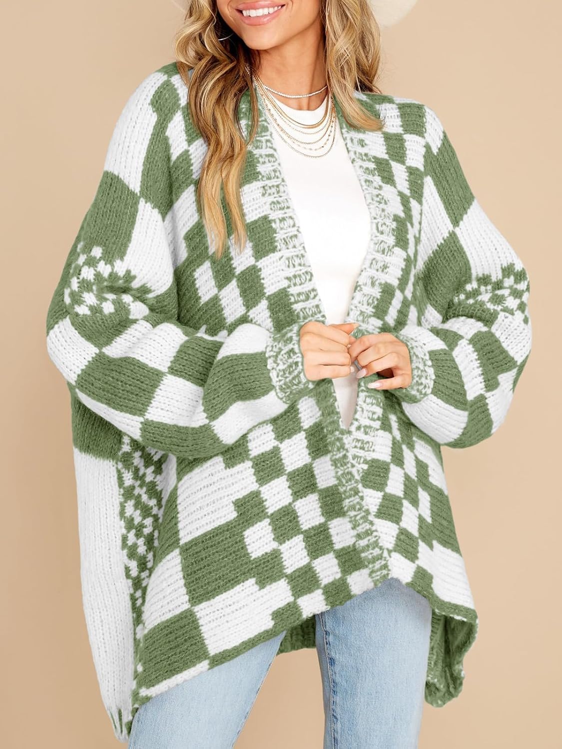 Oversized Knit Colorblock Checkered Cardigan Sweater【Buy 2 Free Shipping】