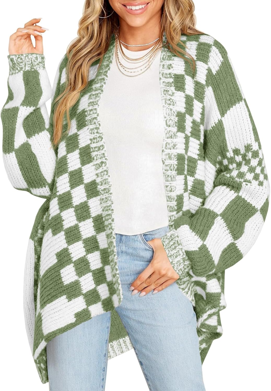Oversized Knit Colorblock Checkered Cardigan Sweater【Buy 2 Free Shipping】