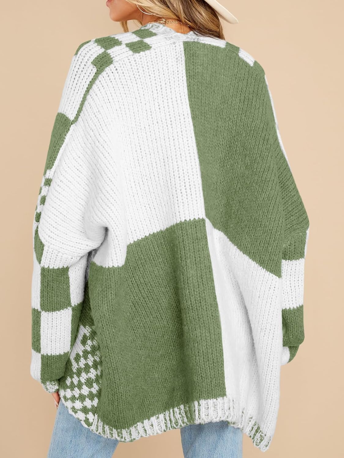 Oversized Knit Colorblock Checkered Cardigan Sweater【Buy 2 Free Shipping】