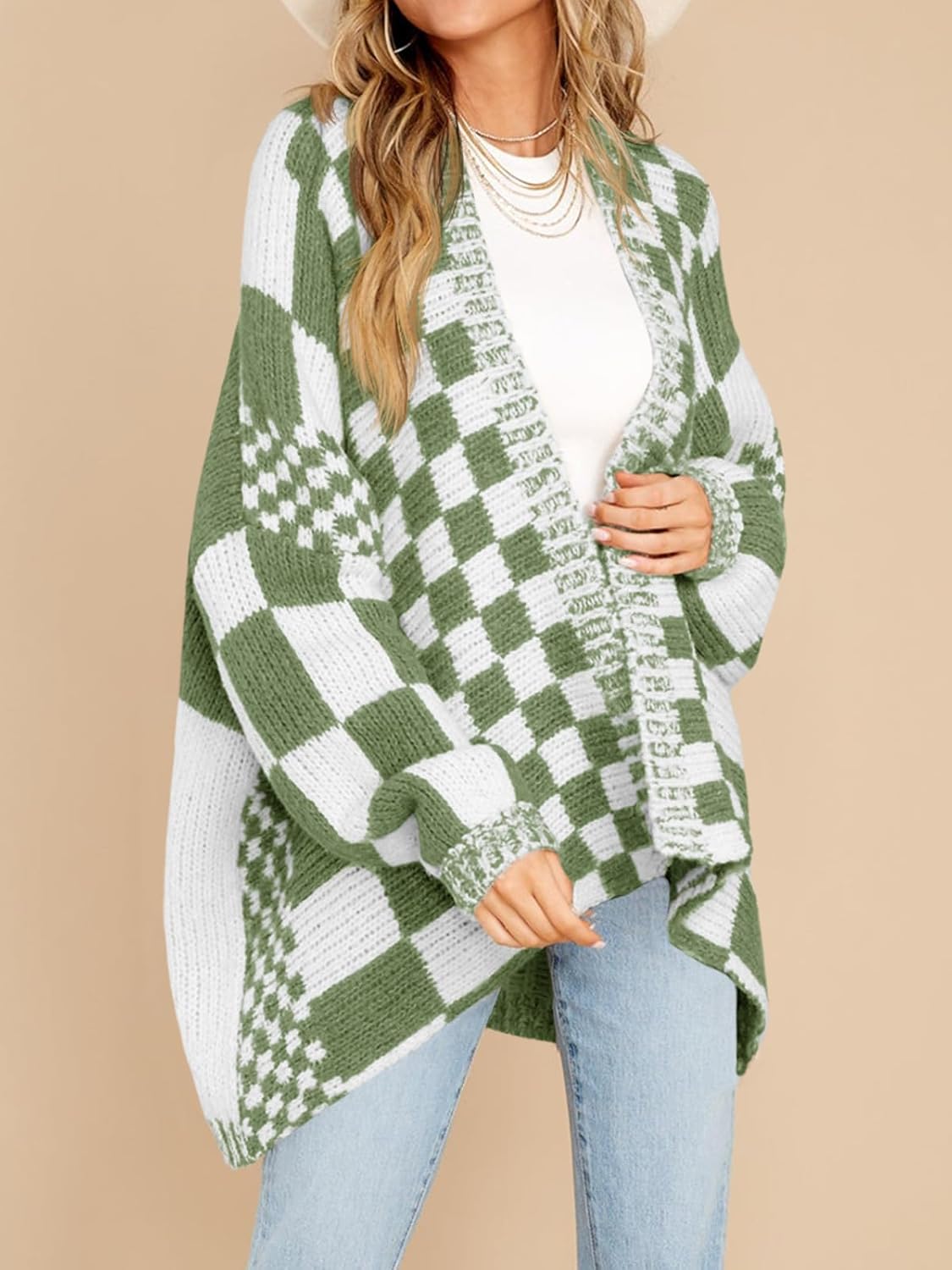 Oversized Knit Colorblock Checkered Cardigan Sweater【Buy 2 Free Shipping】