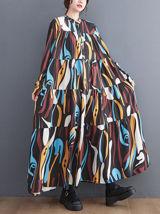 Loose Print Pleated Round Neck Midi Dress