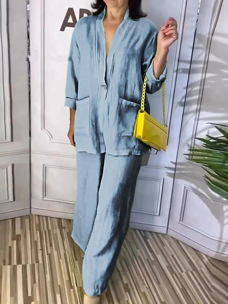 Solid Color V-Neck Top Two-Piece Pants Set